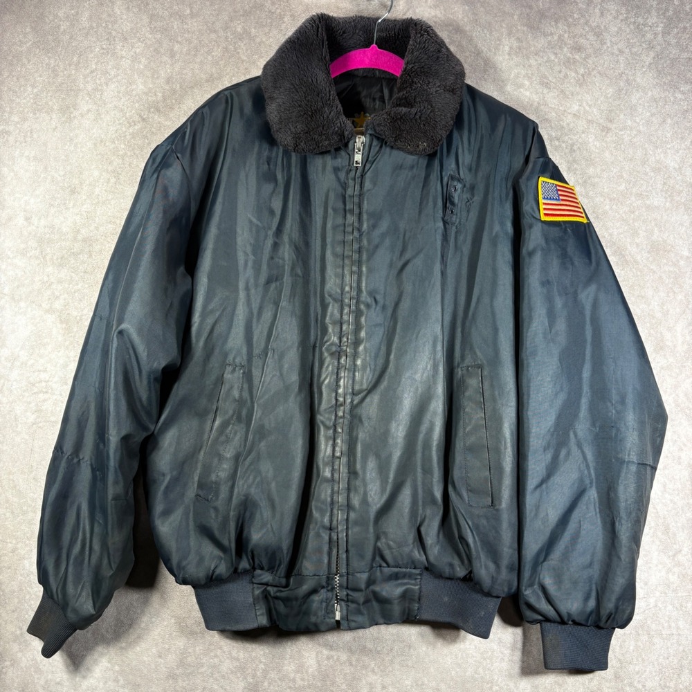Law Pro Jacket Mens Size XL Blue Bomber American Flag Patch Duty Faux Fur Collar